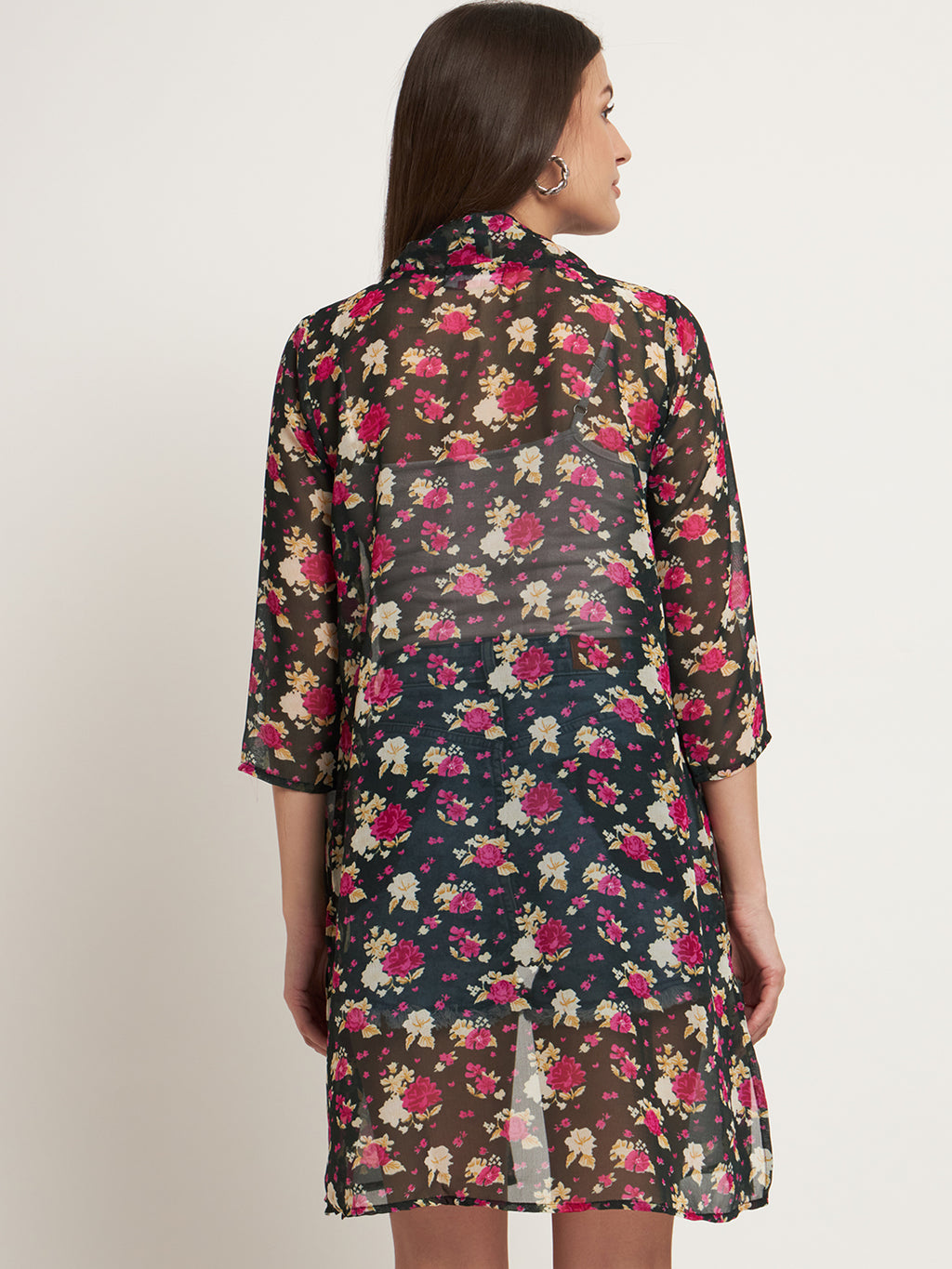 Curvydobe Women Jacket Style Black floral Shrug