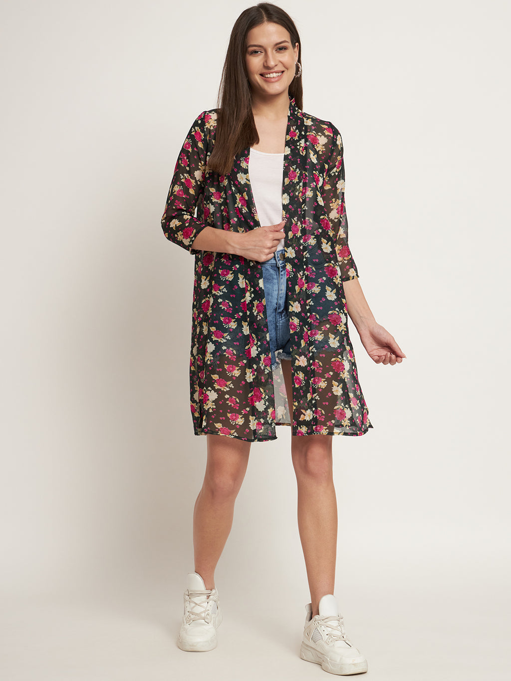 Curvydobe Women Jacket Style Black floral Shrug