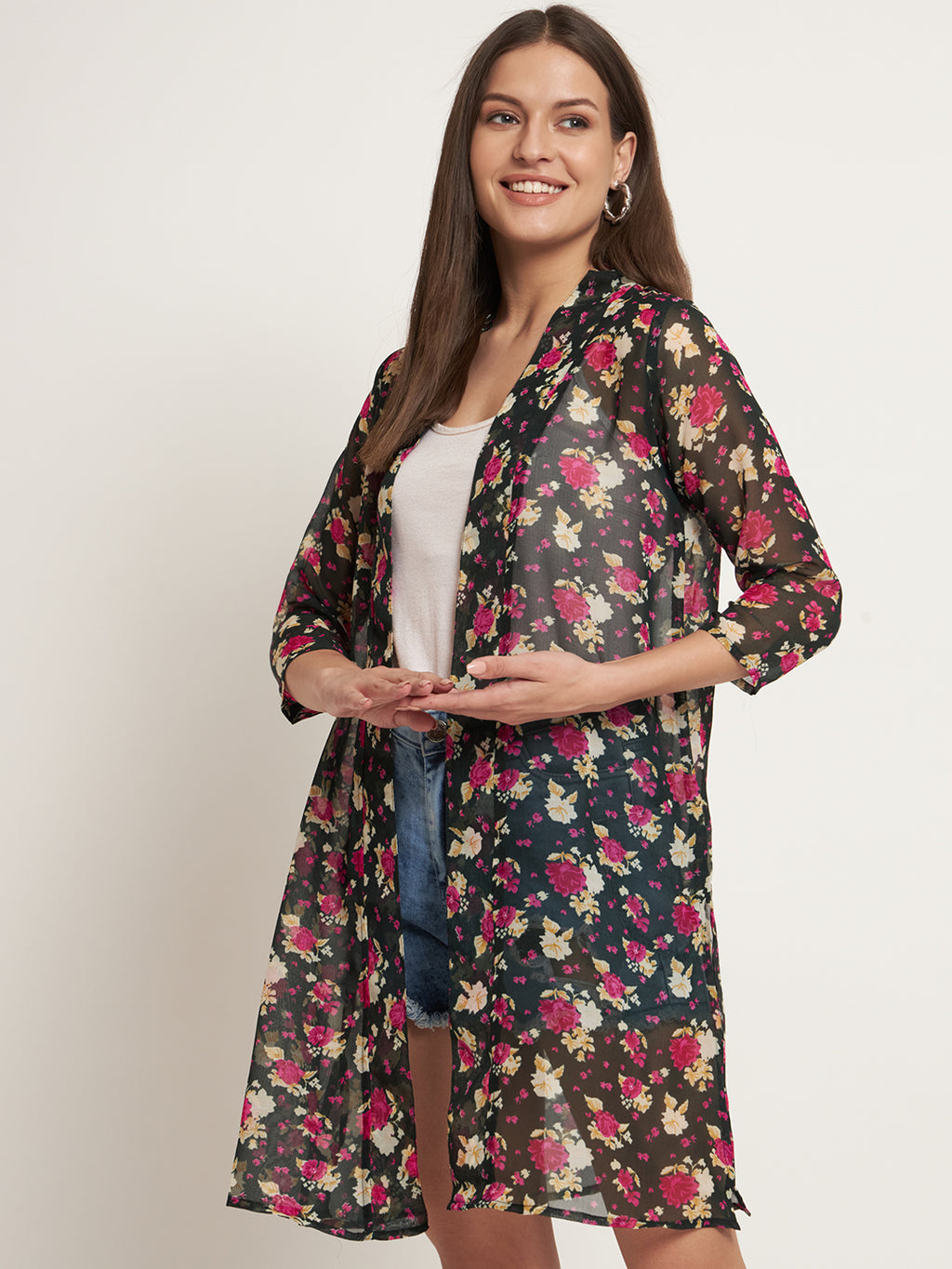 Curvydobe Women Jacket Style Black floral Shrug