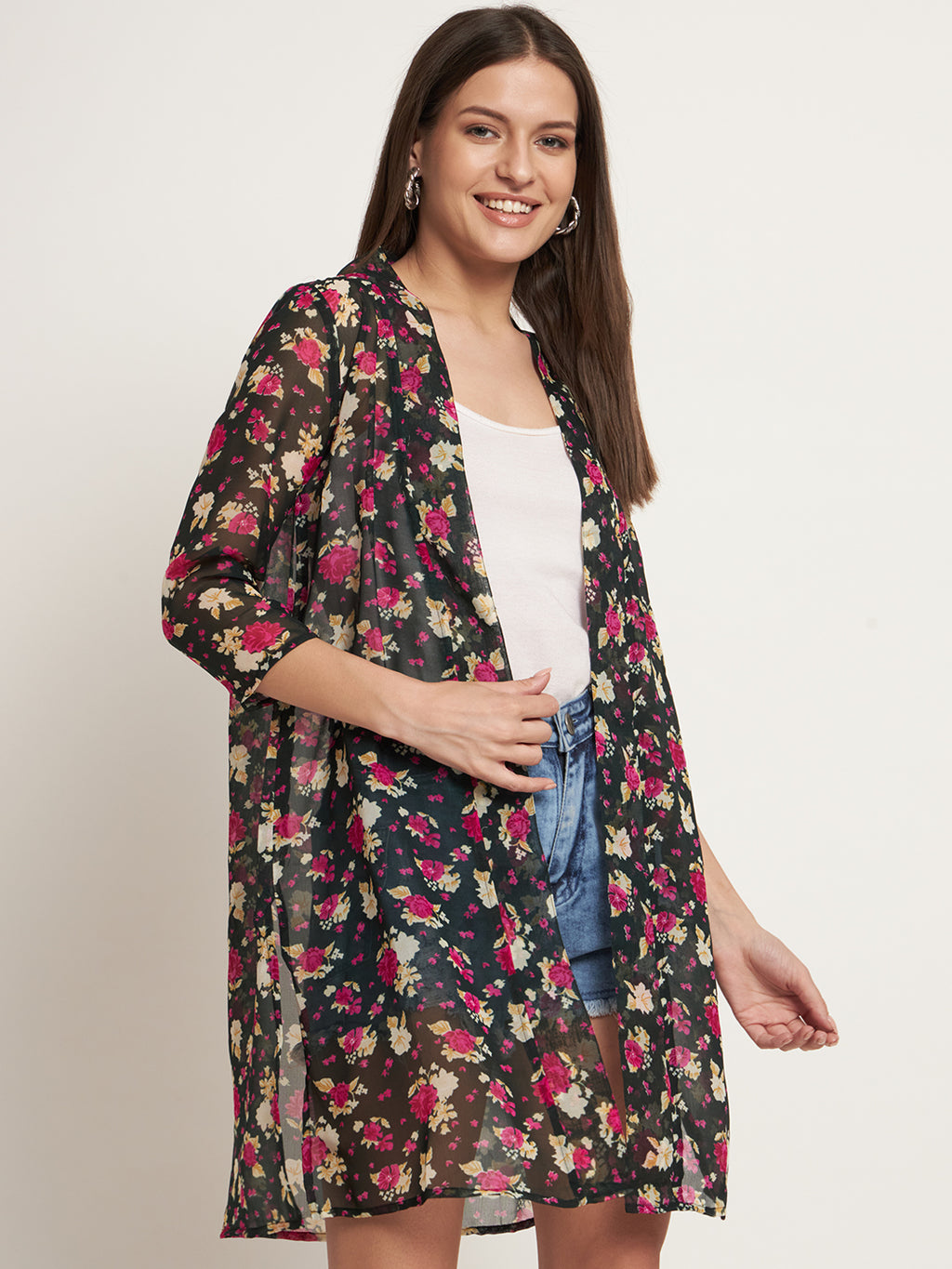 Curvydobe Women Jacket Style Black floral Shrug
