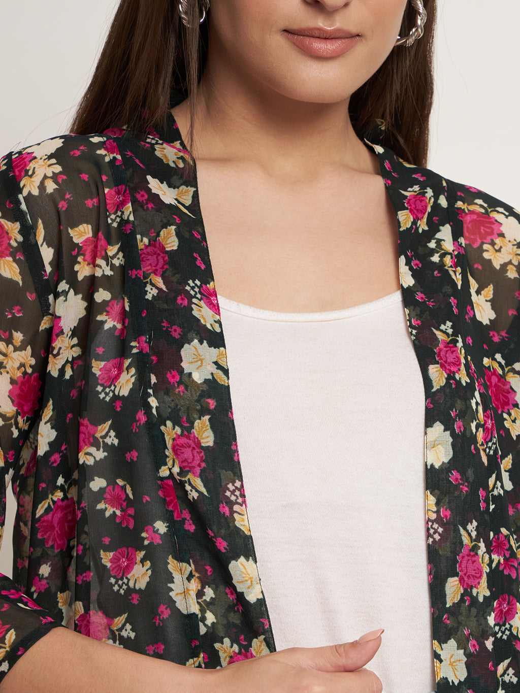 Curvydobe Women Jacket Style Black floral Shrug