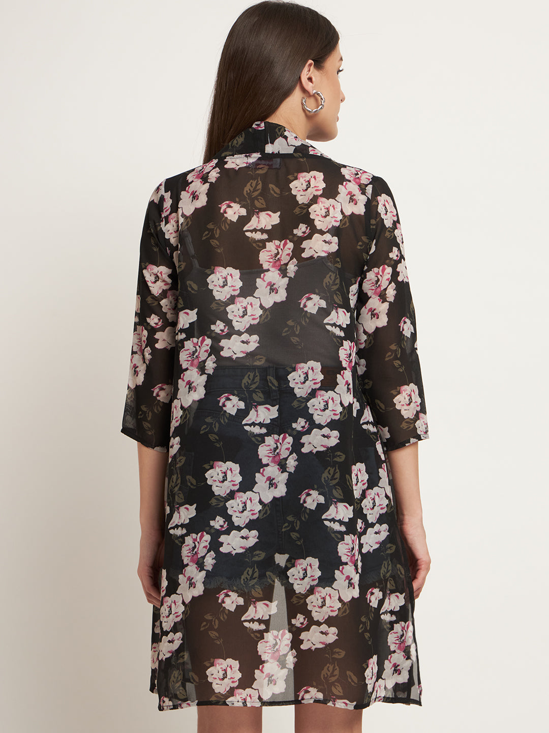 Curvydobe Women Jacket Style 3/4th Sleeve Black floral Shrug