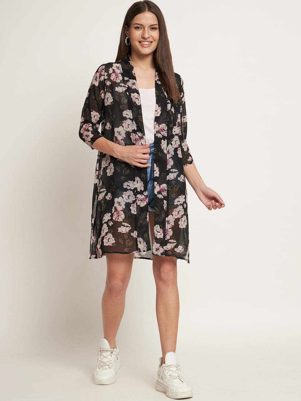 Curvydobe Women Jacket Style 3/4th Sleeve Black floral Shrug
