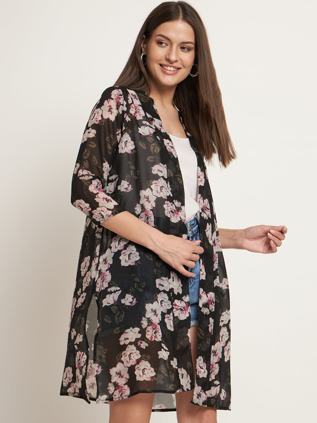 Curvydobe Women Jacket Style 3/4th Sleeve Black floral Shrug