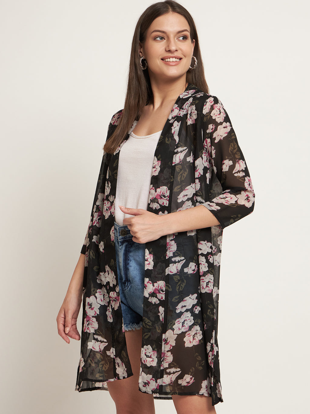 Curvydobe Women Jacket Style 3/4th Sleeve Black floral Shrug