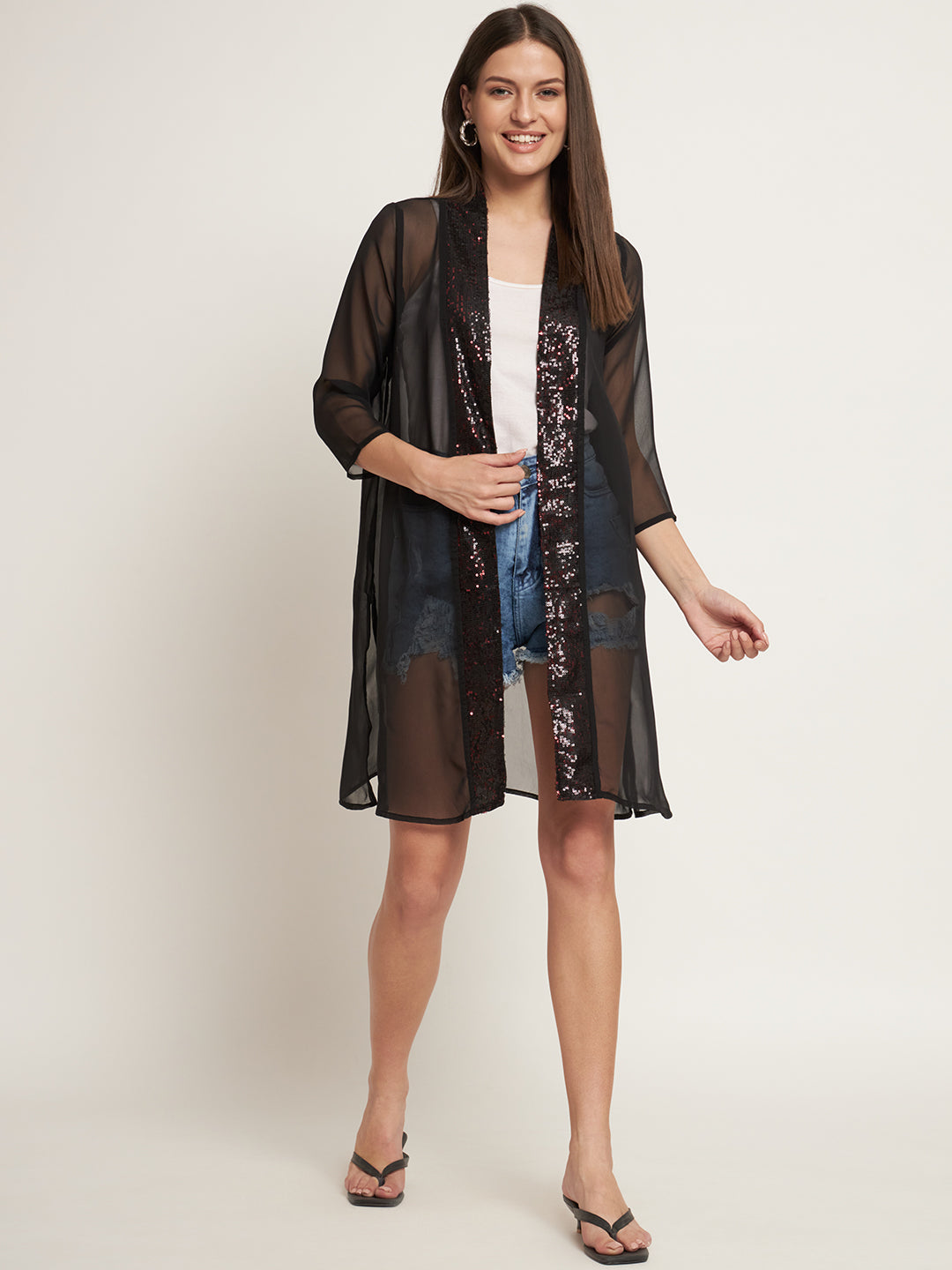 Curvydrobe Black Knee length, sequins border open front shrug
