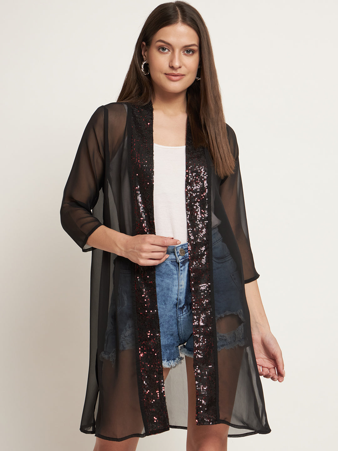 Curvydrobe Black Knee length, sequins border open front shrug