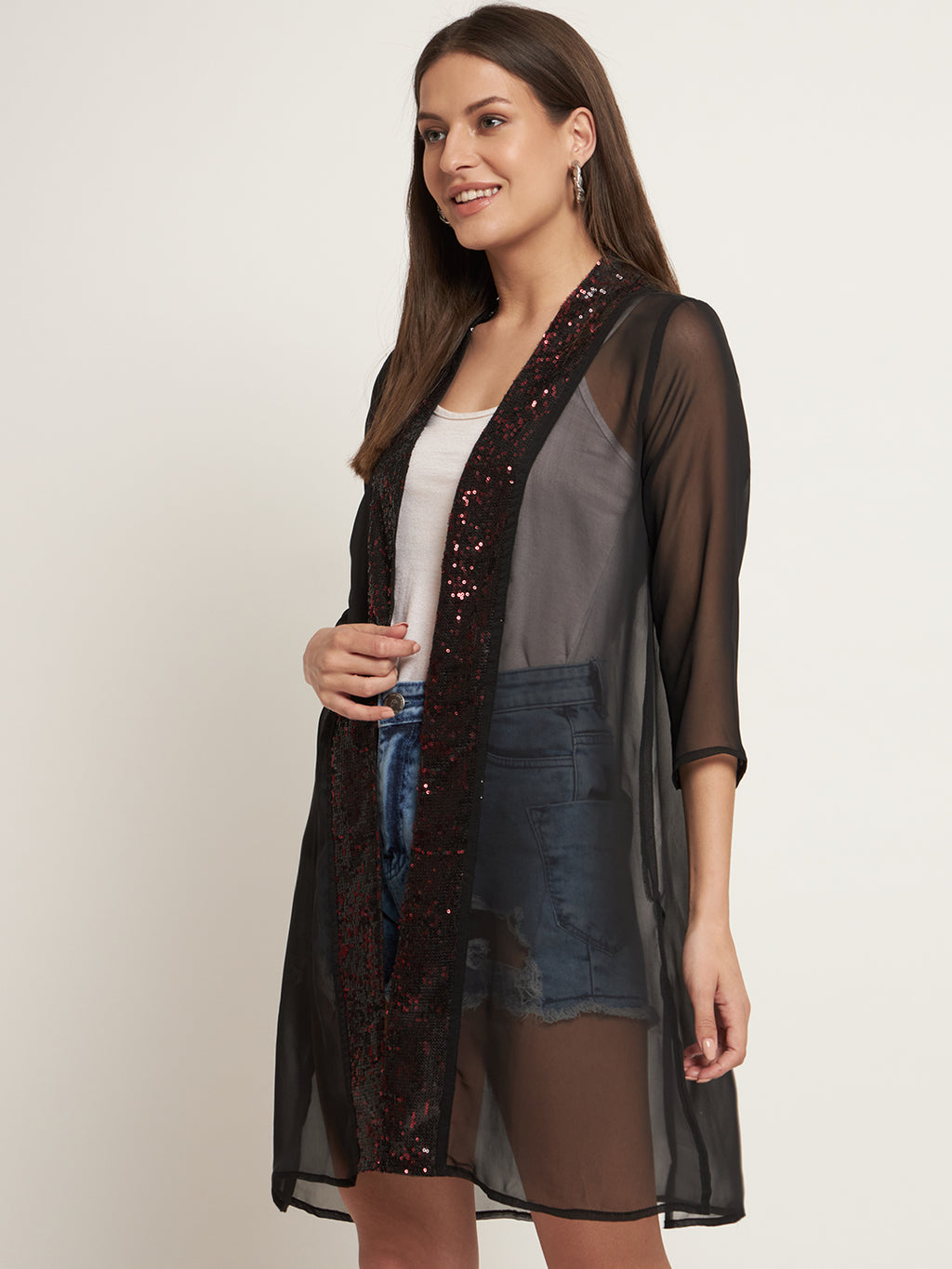 Curvydrobe Black Knee length, sequins border open front shrug