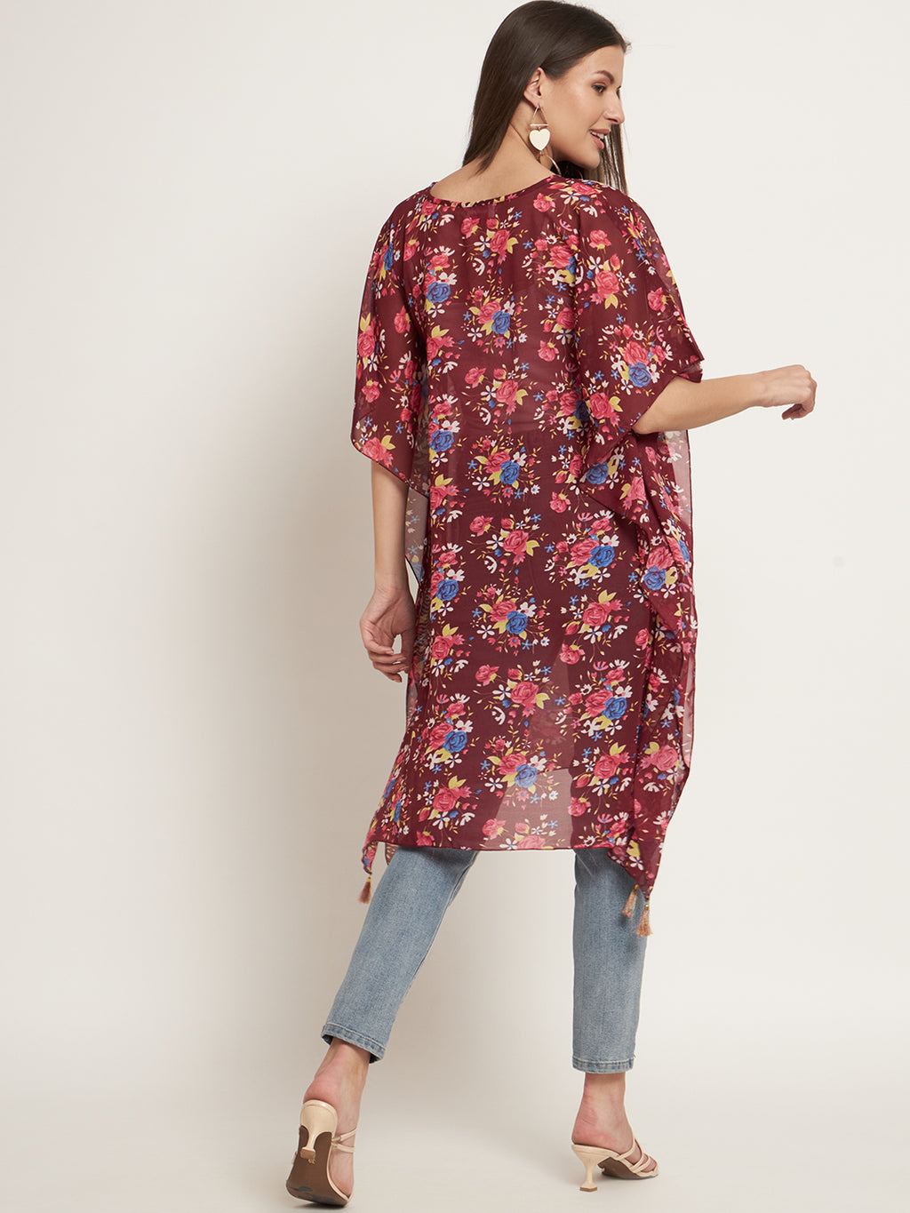 Curvydrobe Burgundy and multi floral below knee length kaftan with tassels