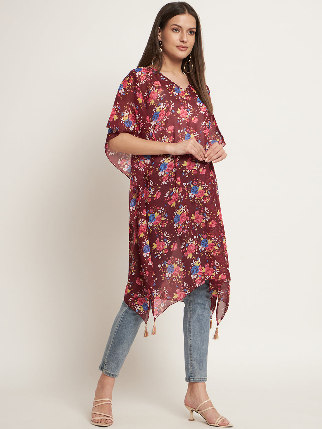 Curvydrobe Burgundy and multi floral below knee length kaftan with tassels