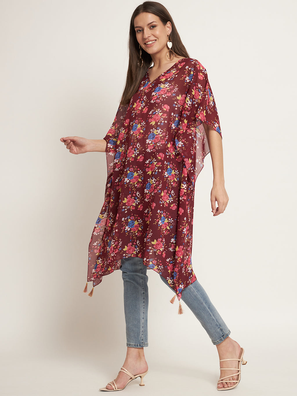 Curvydrobe Burgundy and multi floral below knee length kaftan with tassels