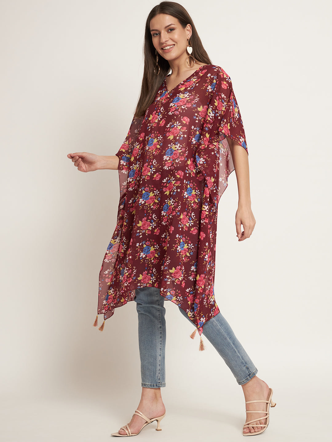 Curvydrobe Burgundy and multi floral below knee length kaftan with tassels