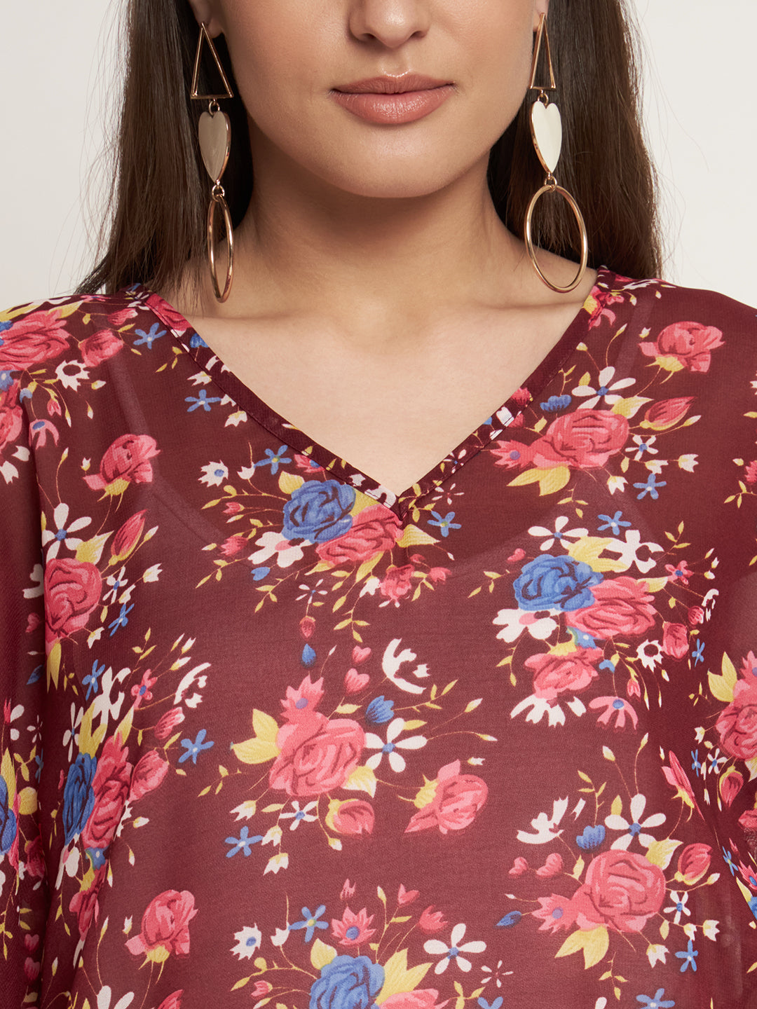 Curvydrobe Burgundy and multi floral below knee length kaftan with tassels