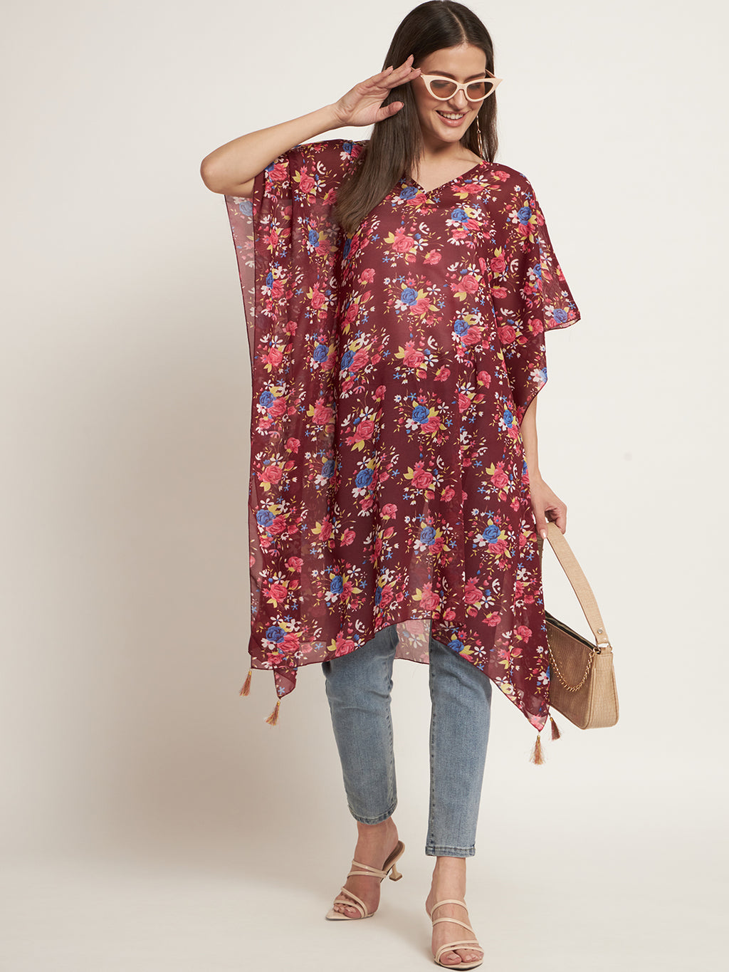 Curvydrobe Burgundy and multi floral below knee length kaftan with tassels