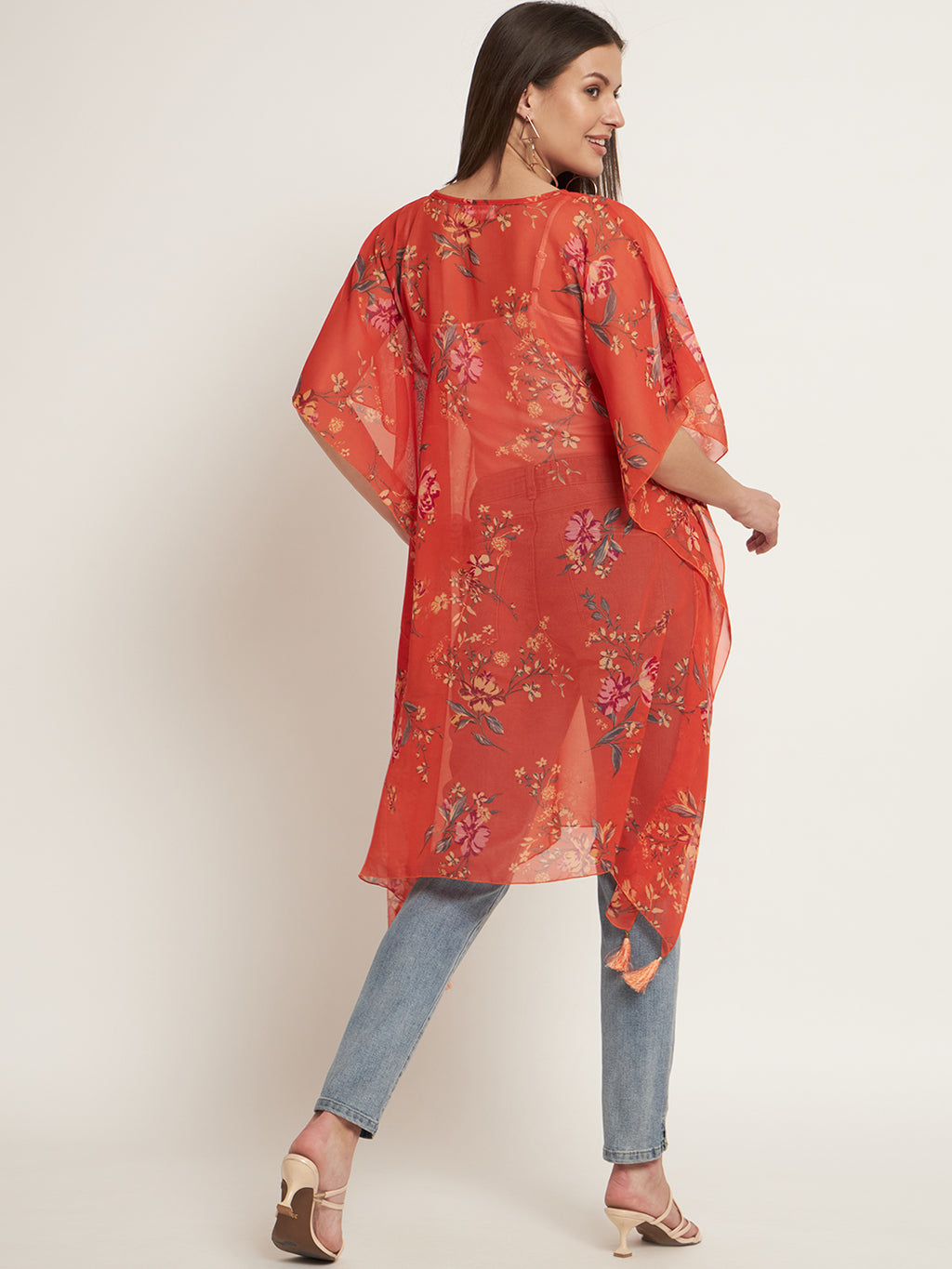 Curvydrobe Orange floral below knee length kaftan with tassels