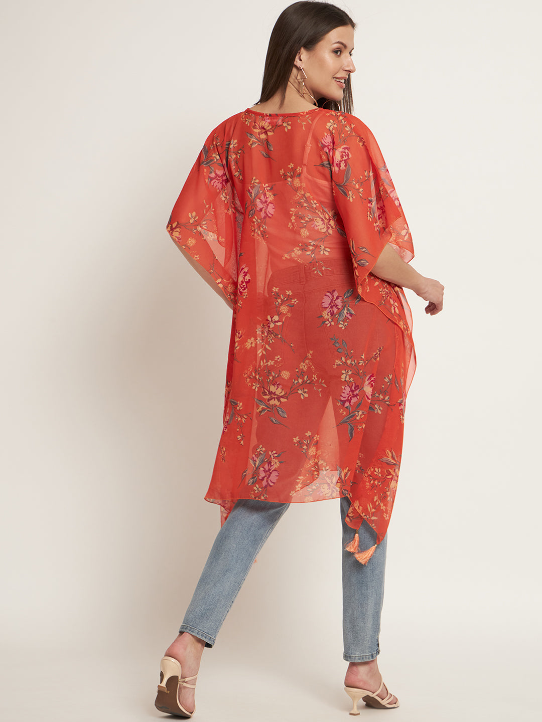 Curvydrobe Orange floral below knee length kaftan with tassels