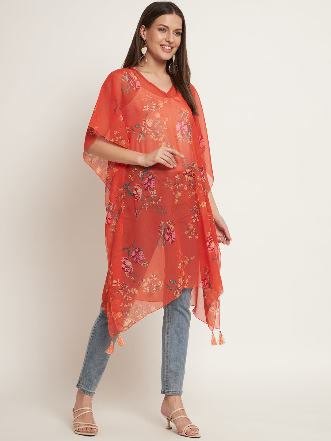 Curvydrobe Orange floral below knee length kaftan with tassels