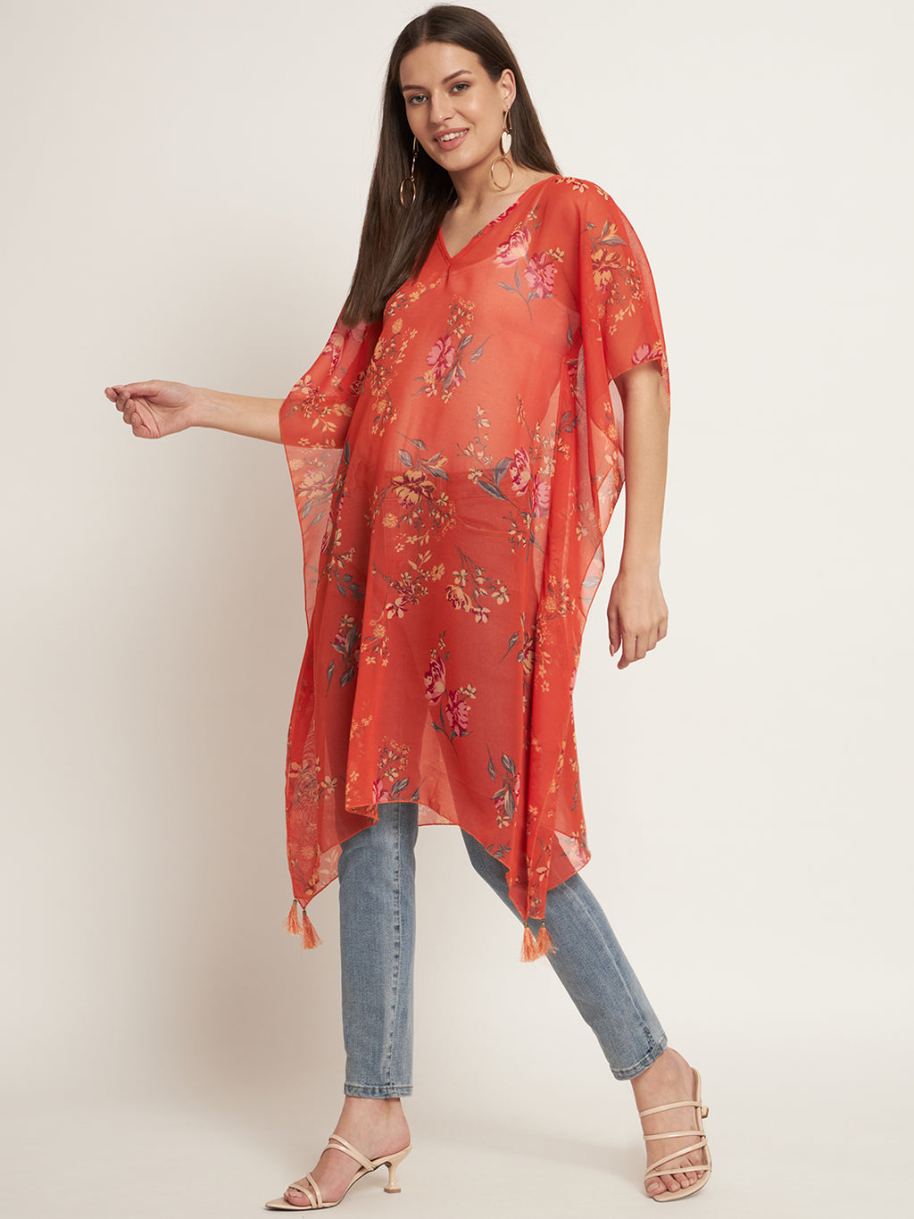 Curvydrobe Orange floral below knee length kaftan with tassels