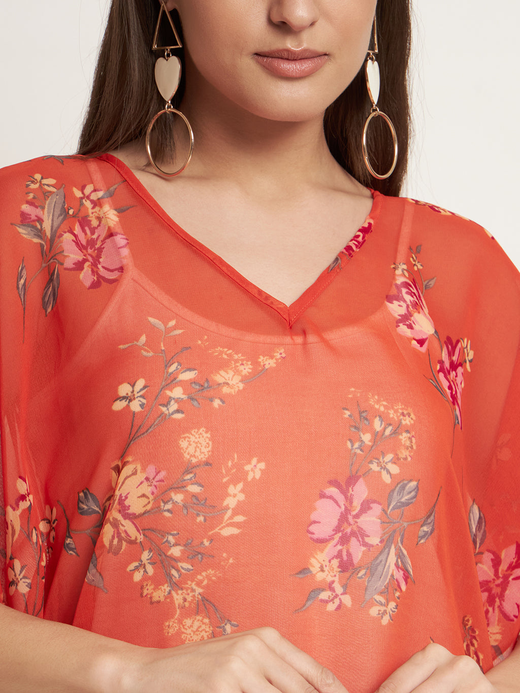Curvydrobe Orange floral below knee length kaftan with tassels