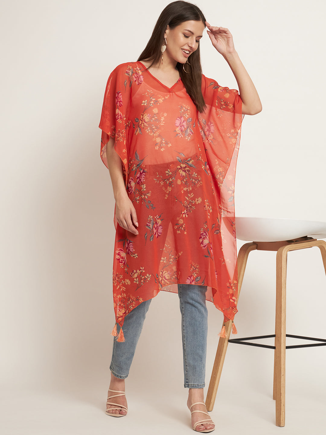 Curvydrobe Orange floral below knee length kaftan with tassels