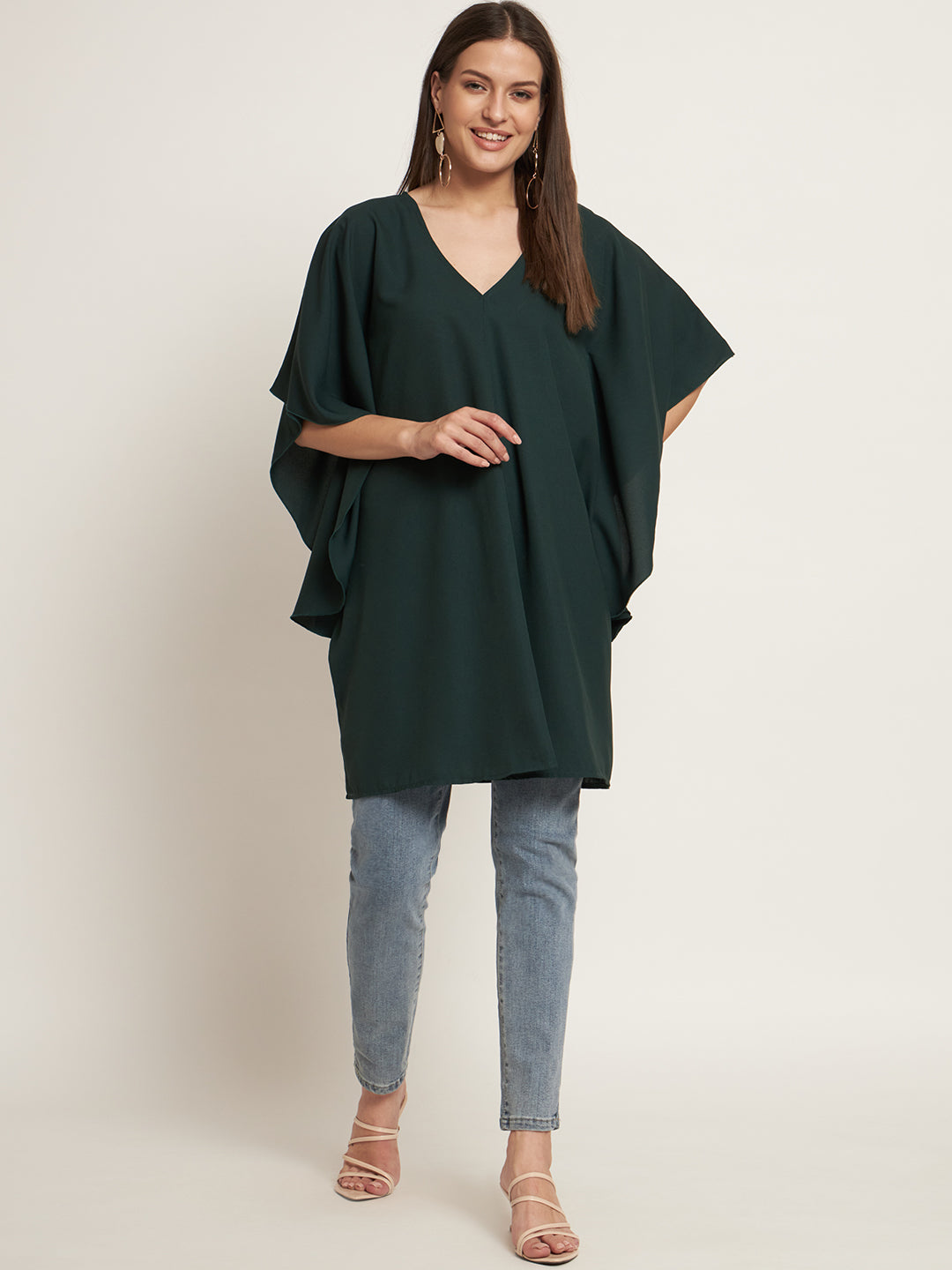 Curvydrobe Green solid short dress with kimono sleeves