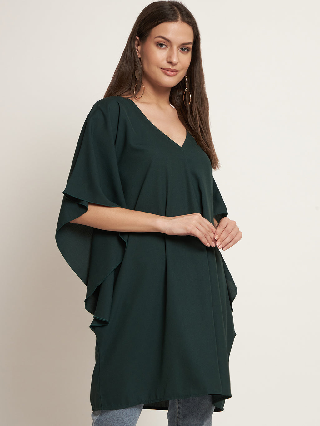 Curvydrobe Green solid short dress with kimono sleeves