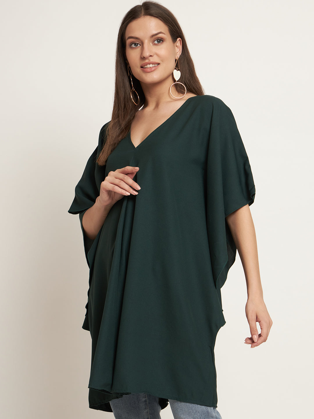 Curvydrobe Green solid short dress with kimono sleeves
