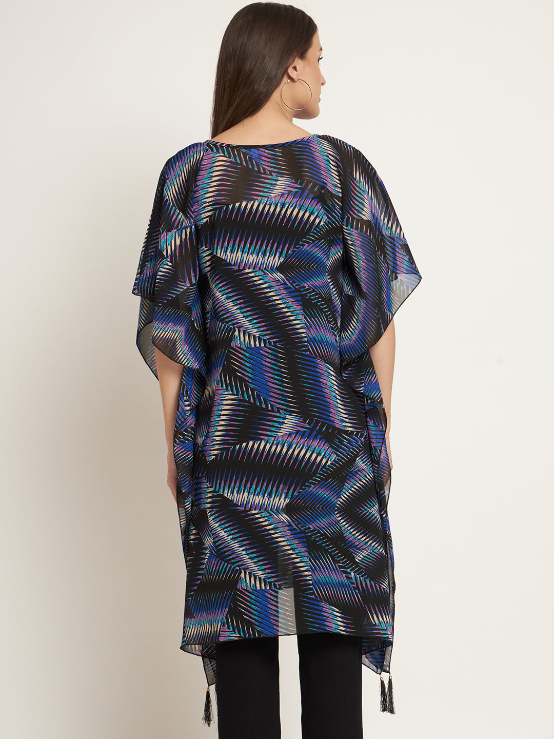 Curvydrobe Black printed below knee length kaftan with tassels