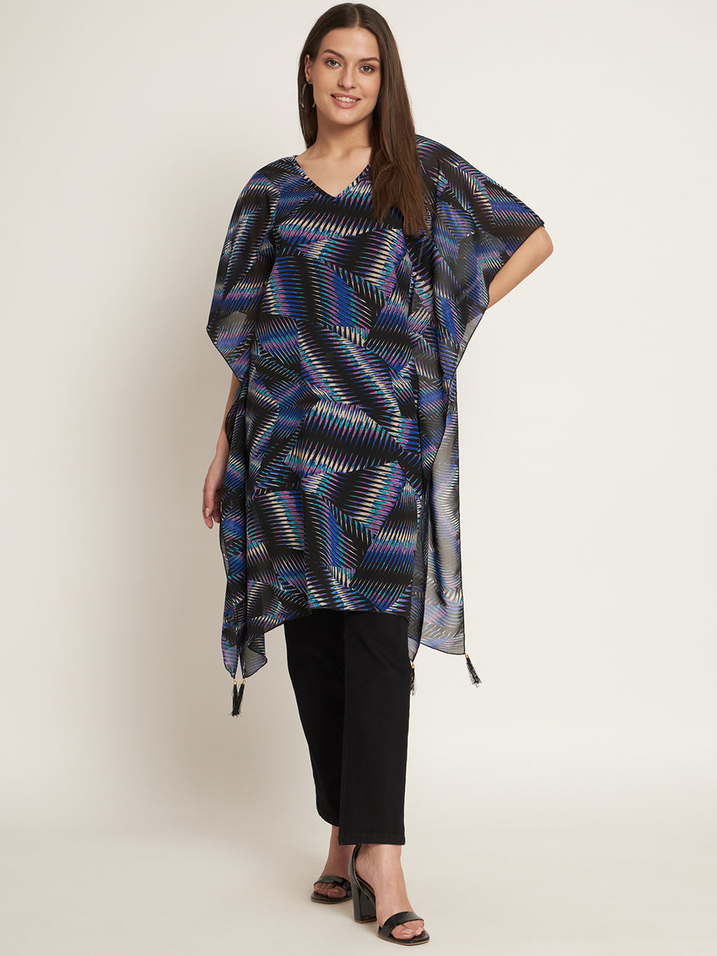 Curvydrobe Black printed below knee length kaftan with tassels