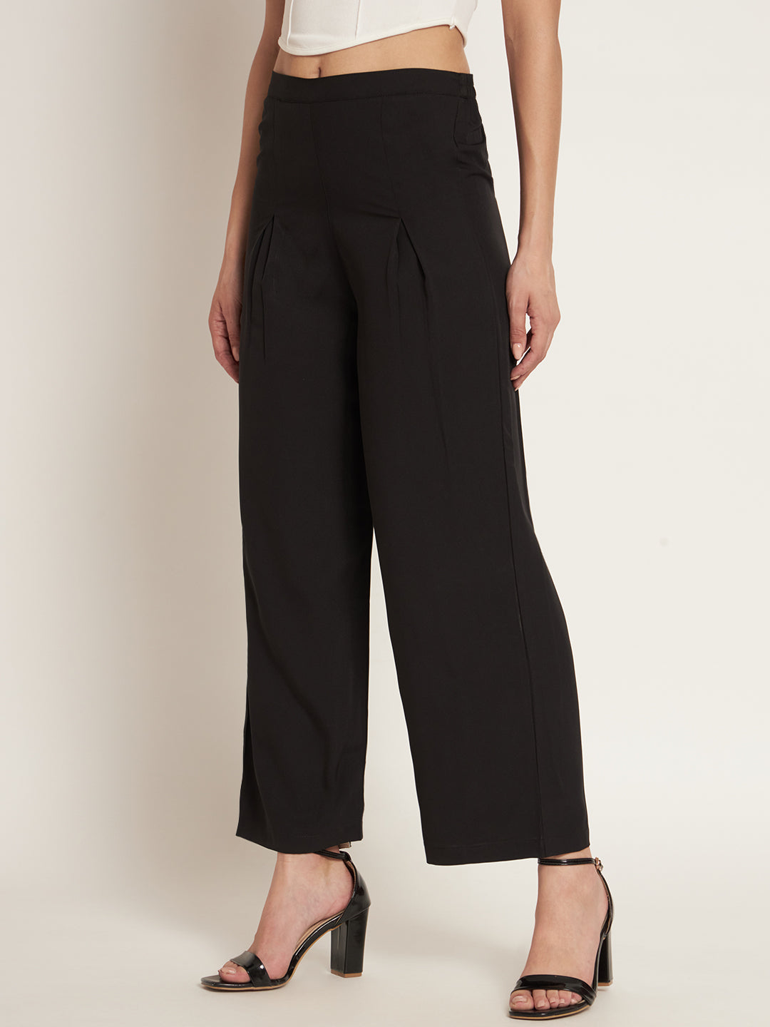 Curvydobe Women Flared Solid Black Trousers