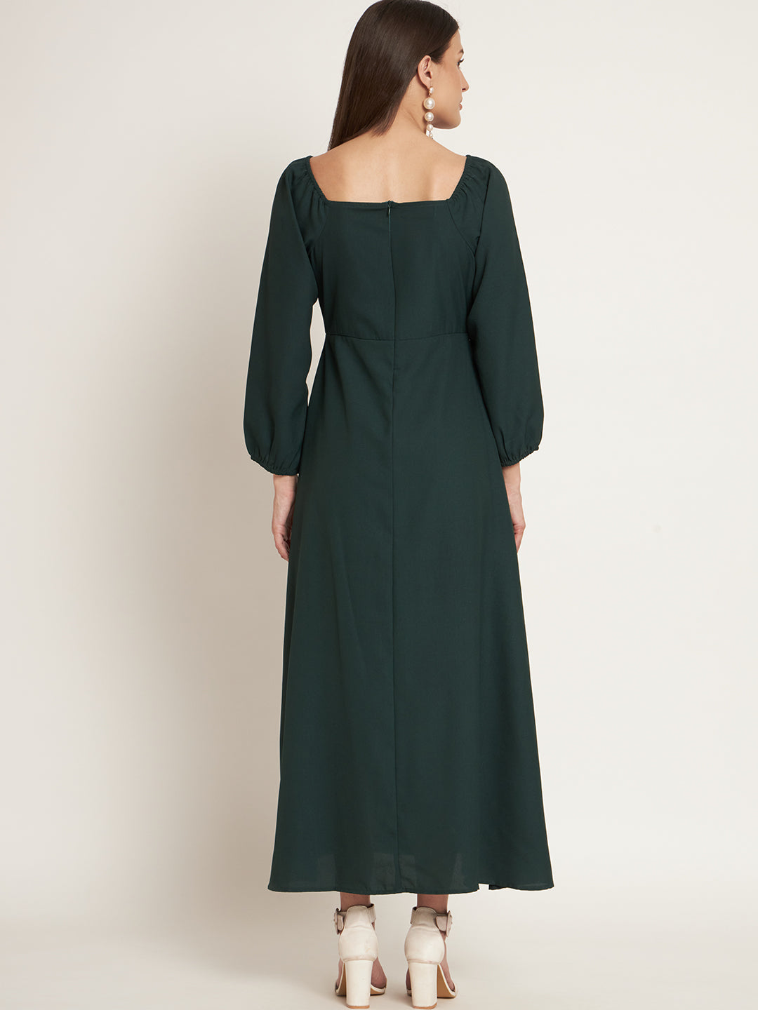 Curvydrobe Green solid long dress with square neck and one thigh slit