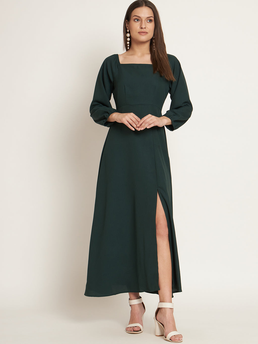 Curvydrobe Green solid long dress with square neck and one thigh slit