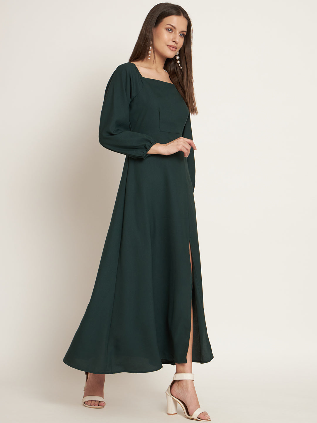 Curvydrobe Green solid long dress with square neck and one thigh slit