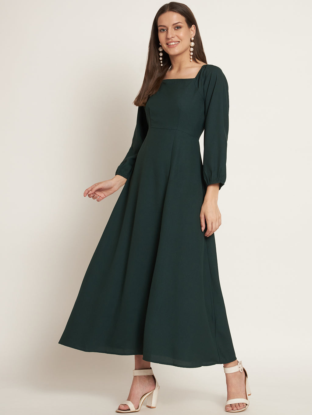 Curvydrobe Green solid long dress with square neck and one thigh slit