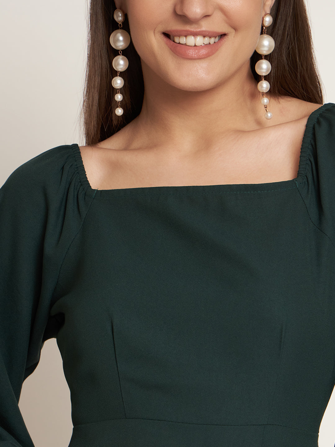 Curvydrobe Green solid long dress with square neck and one thigh slit