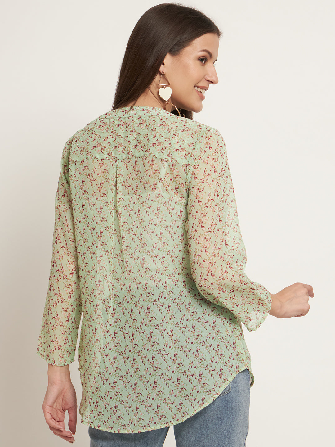Curvydobe Casual Regular Sleeves Printed Women Pista Green Top