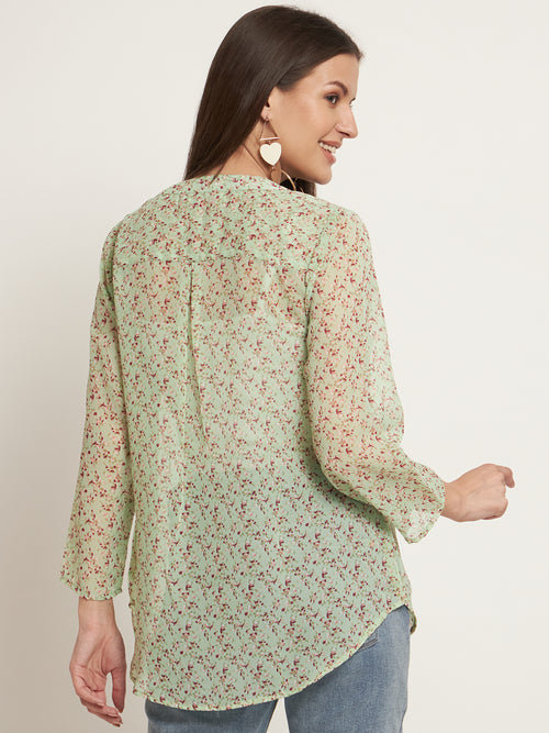 Curvydobe Casual Regular Sleeves Printed Women Pista Green Top