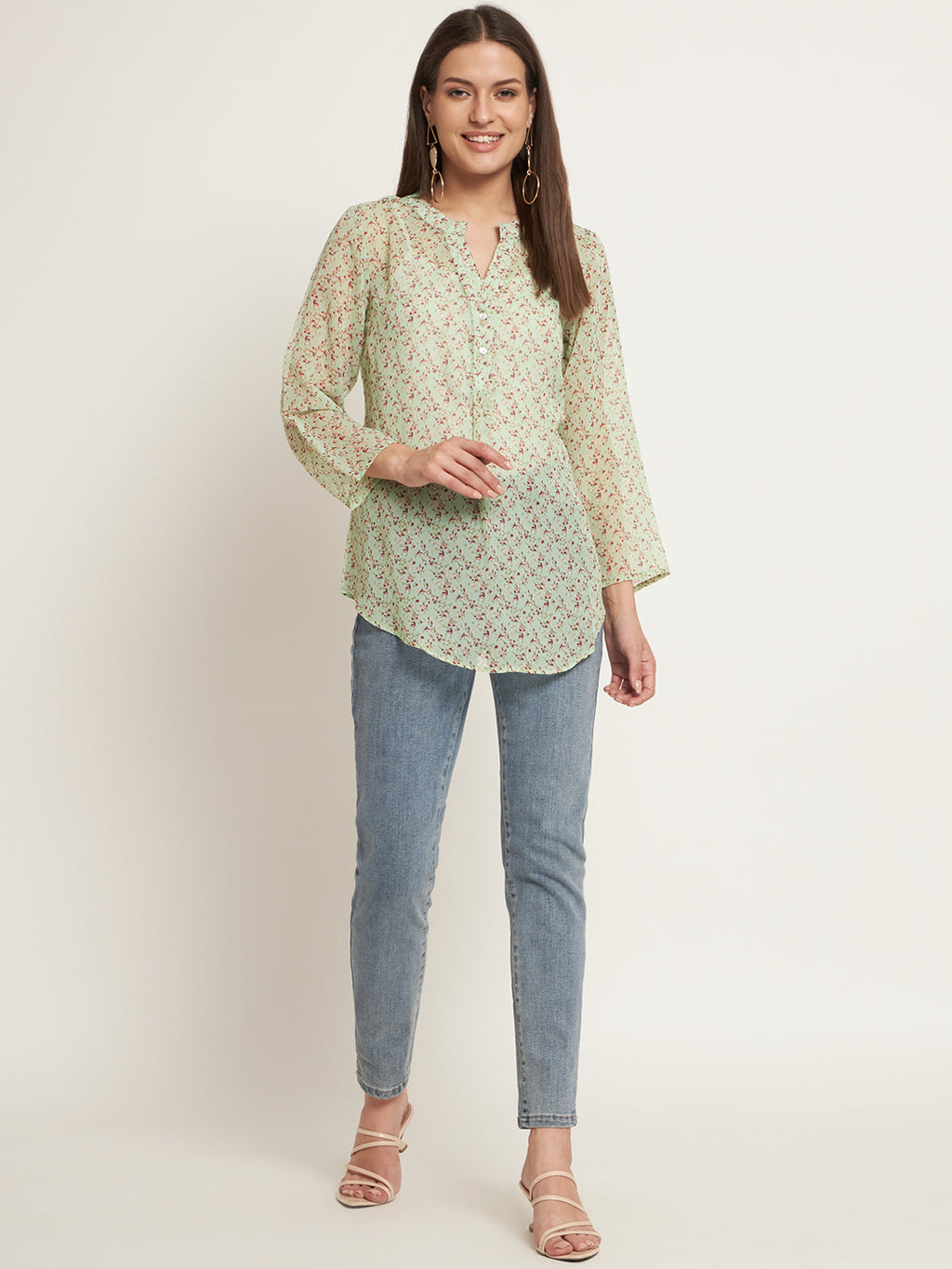 Curvydobe Casual Regular Sleeves Printed Women Pista Green Top