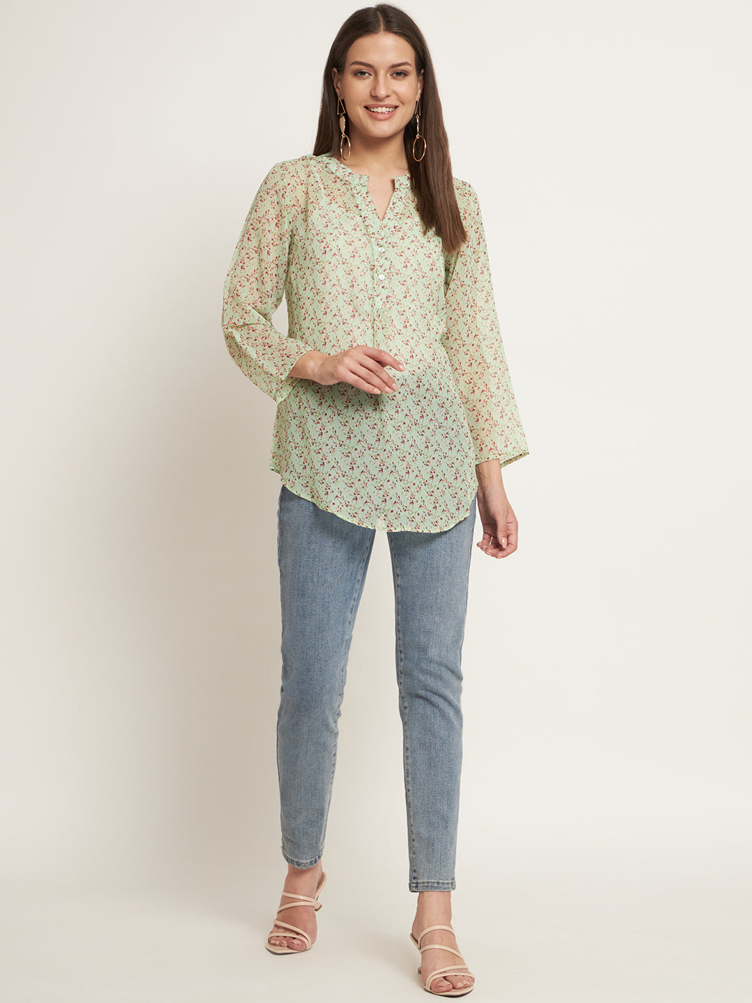 Curvydobe Casual Regular Sleeves Printed Women Pista Green Top