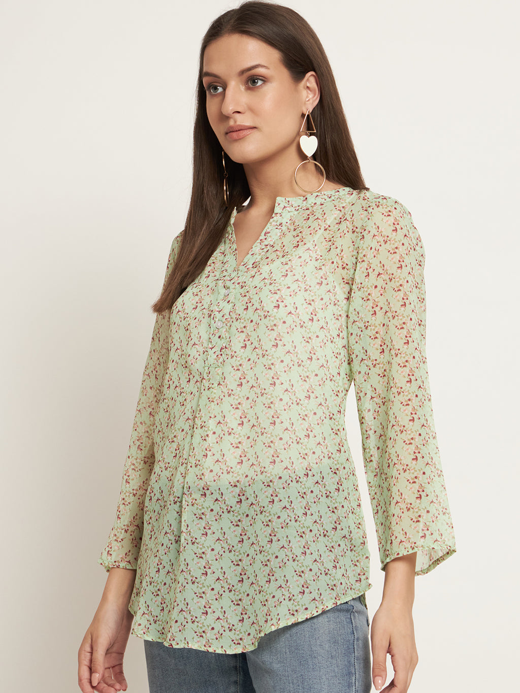 Curvydobe Casual Regular Sleeves Printed Women Pista Green Top