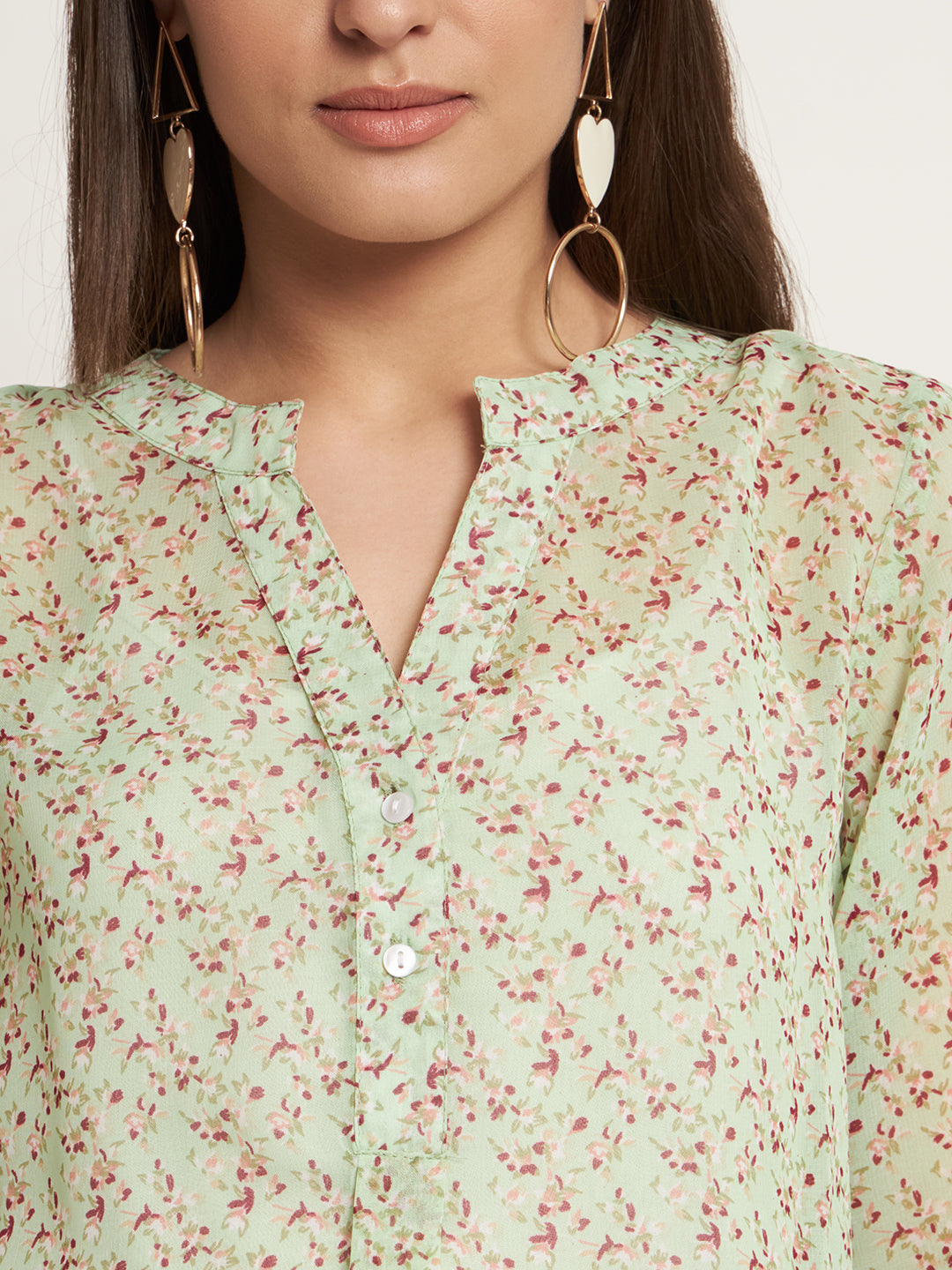 Curvydobe Casual Regular Sleeves Printed Women Pista Green Top