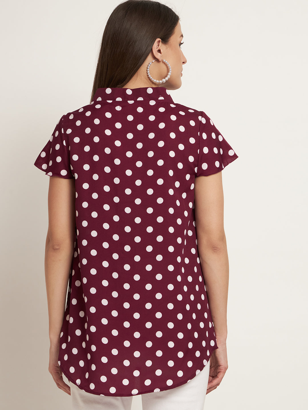 Curvydobe Casual Cap Sleeves Printed Women Burgundy Top