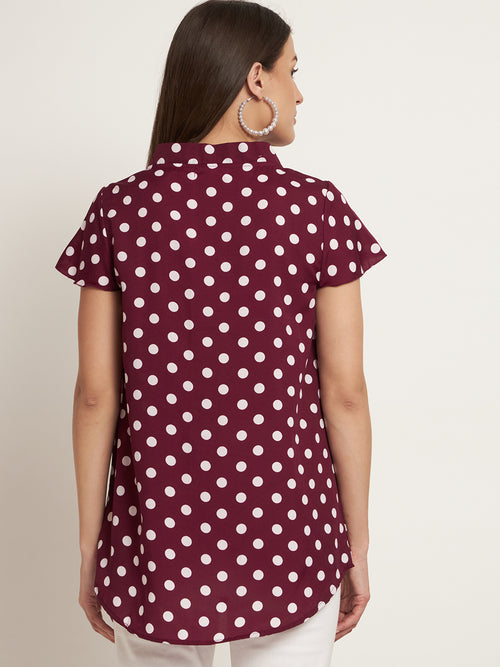 Curvydobe Casual Cap Sleeves Printed Women Burgundy Top
