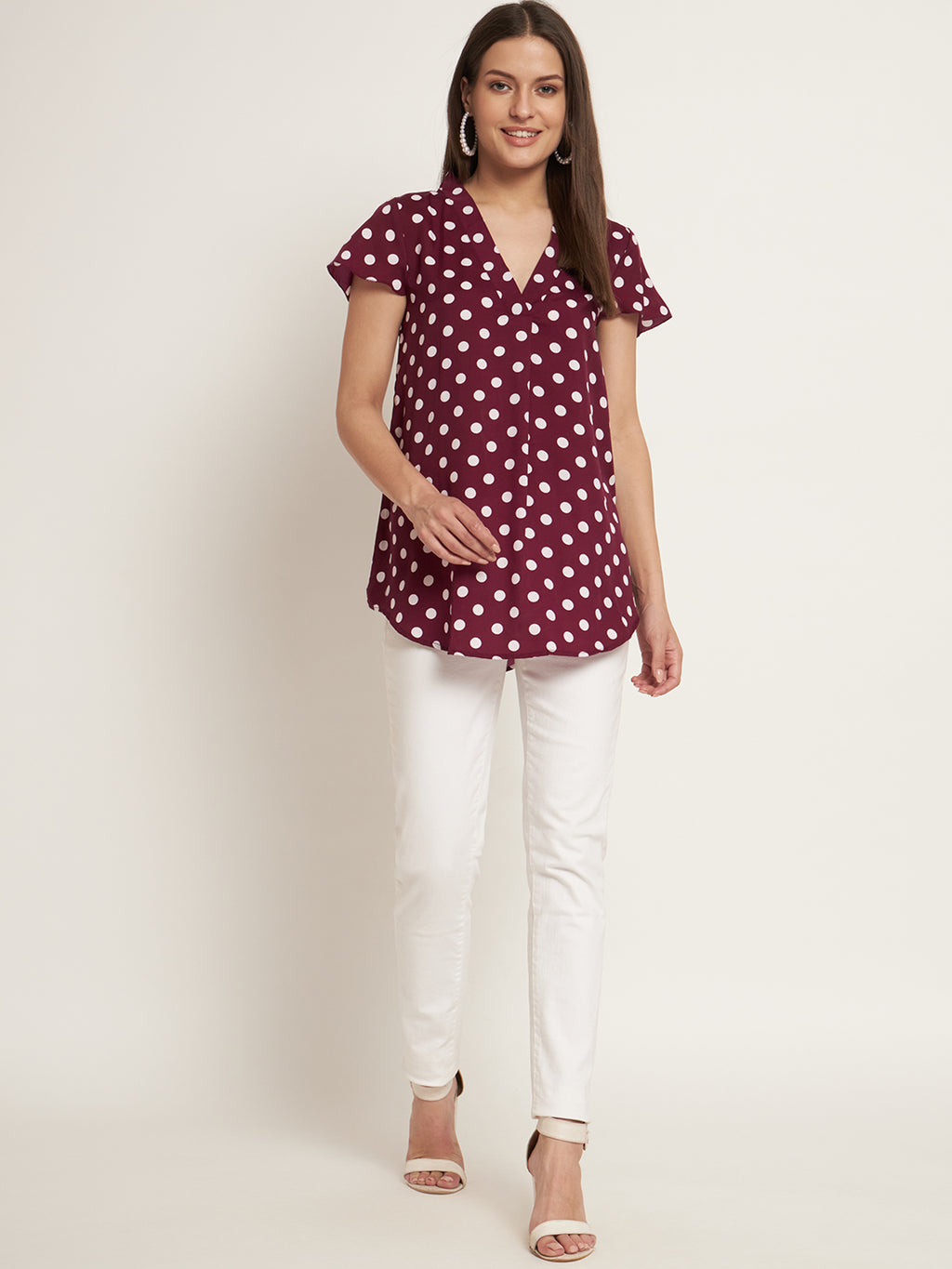 Curvydobe Casual Cap Sleeves Printed Women Burgundy Top
