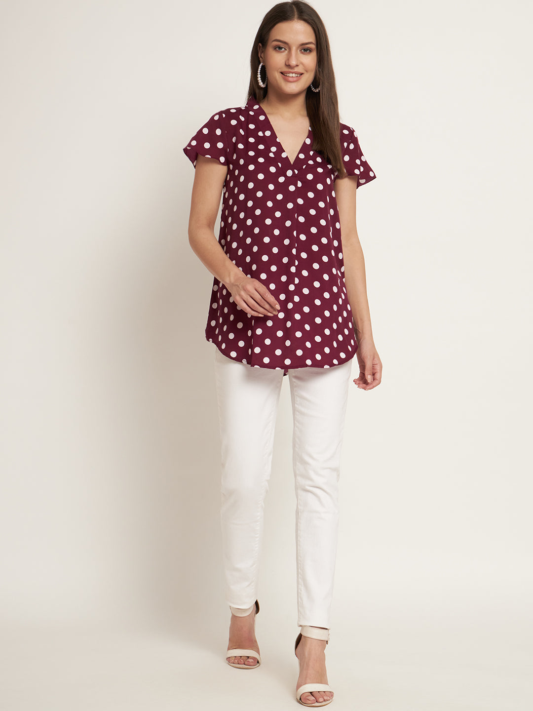 Curvydobe Casual Cap Sleeves Printed Women Burgundy Top