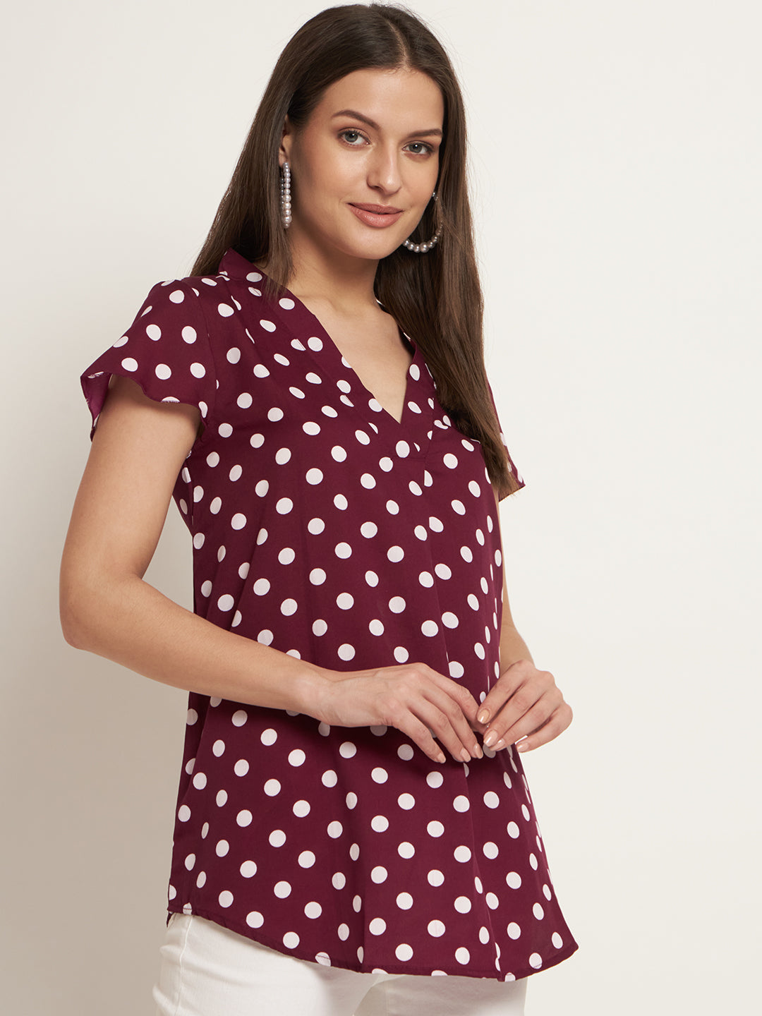 Curvydobe Casual Cap Sleeves Printed Women Burgundy Top