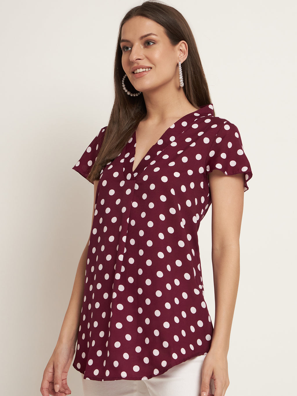 Curvydobe Casual Cap Sleeves Printed Women Burgundy Top