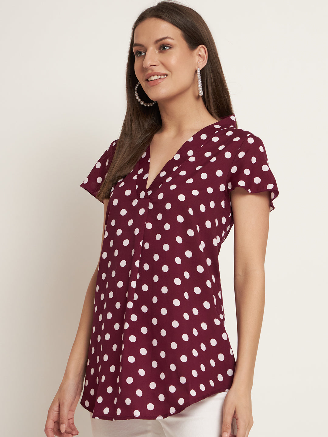 Curvydobe Casual Cap Sleeves Printed Women Burgundy Top