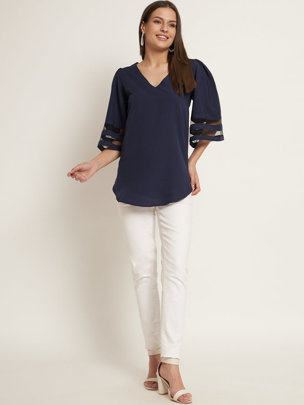 Curvydobe Casual Bell Sleeves Solid Women Black Top