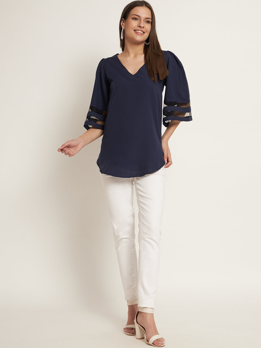 Curvydobe Casual Bell Sleeves Solid Women Black Top
